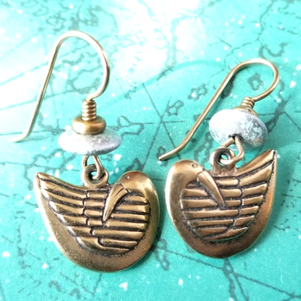 Golden bird earrings antique gold tone baby blue